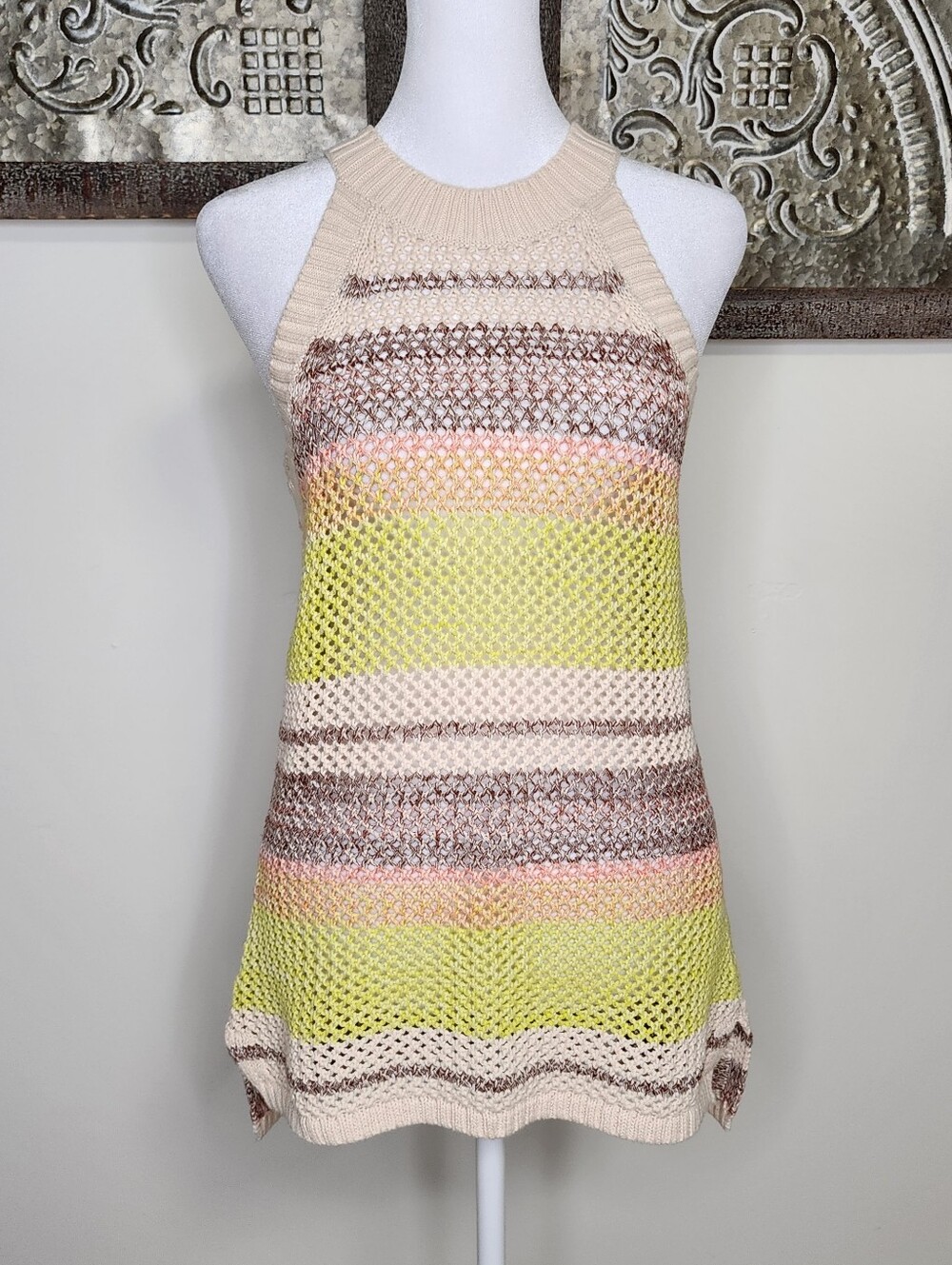 Boston Proper High-Neck Striped Cotton Open Knit Crochet Resortwear Tank Small